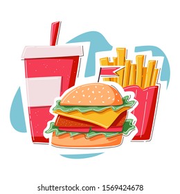 Simple Burger Set. Burger with burger, soda and potato Fries. Fast food. Flat Style Graphic design. Template on isolated background. Can be used for ads or in Restaurant banner. Vector illustration