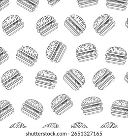 Sinal de hambúrguer simples, ilustração isolada sobre fundo branco. Padrão de hambúrguer perfeito. Símbolo de contorno linear. Para folheto, banner, convite, cartão postal, website, background.
