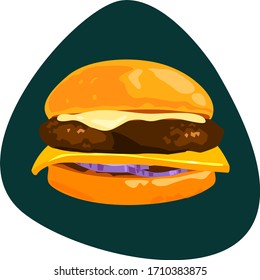 Simple burger with white flour buns, onions, meat cutlet, melted cheese and sauce. Fast food. Tasty snack. On green background