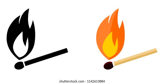 Simple burning match icon. Black and white, color version.