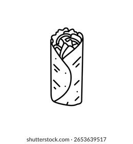 A simple burrito wrap shown in a minimalist outline sketch style. An icon for Mexican food restaurants, takeaway menus, or food trucks.