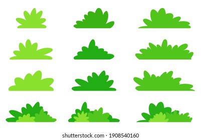 Simple bush set in green color. Flat vector design in minimalistic cartoon style. Garden bushes collection isolated on white background.