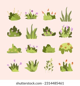 Simple bush set in green color. Flat vector design in minimalistic cartoon style. Collection of wild bushes