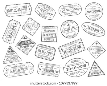 Simple Business Airport Cachet Mark And Customs Airplane Passports Control Stamp. Foreign Japan UK Italy China Canada France Travel And Immigration Passport Official Stamps Vector Stamps Sign Set