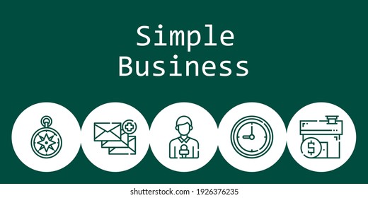 simple concepto de fondo empresarial con simples iconos empresariales. Iconos relacionados con la rosa del viento, hipoteca, reportero de noticias, reloj, correo electrónico