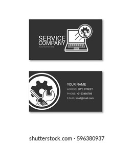 Simple business card of computer repair shop. Technical service. Vector illustration isolated on a white background.