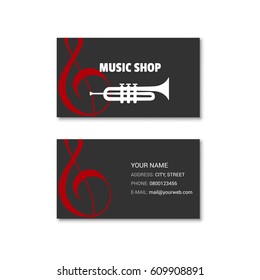 Simple business card of music shop. Vector illustration isolated on a white background.