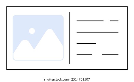 A simple business card template featuring a light-blue image placeholder with mountains and sun, accompanied by three lines of text on the right side, all outlined in black against a white background.