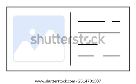 A simple business card template featuring a light-blue image placeholder with mountains and sun, accompanied by three lines of text on the right side, all outlined in black against a white background.