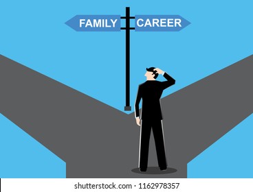 Simple business cartoon illustration of a businessman have to decide his path between family or career