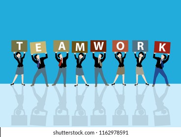 Simple business cartoon illustration a group of men and women shows their teamwork board as a symbolism of together and teamwork