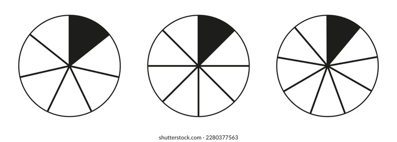 Simple business charts. Pie chart, diagram set, seven, eight and nine sections or steps. Circle icons for infographic, presentation, web design, user interface. 