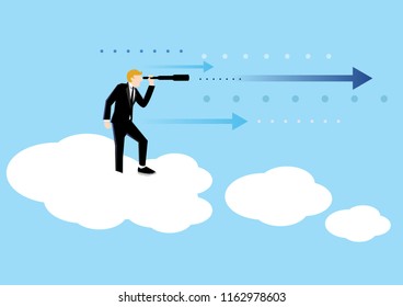 Simple business concept illustration of a businessman standing at cloud to see the future