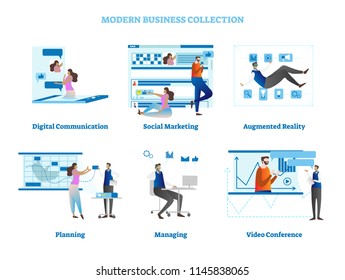 Simple business concept scenes with office people characters debate and doing digital communication,social marketing,planning and managing, blue design elements, vector illustration collection set.