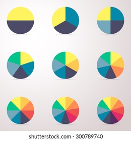 Simple business flat pie chart, graph, diagram with 2, 3, 4, 5, 6, 7, 8, 9, 10 steps, options, parts, processes. Vector template for presentation and training.