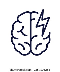 Simple business icon. Brainstorming, creative thinking and coming up with ideas. Brain and lightning. Cartoon linear vector illustration isolated on white background