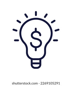 Simple business icon. Creative idea to achieve financial success and profit. Light bulb with dollar symbol. Brainstorming and Thinking. Cartoon linear vector illustration isolated on white background