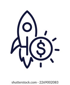 Simple business icon. Rocket taking off as symbol of new company or startup launch. Creative idea for profit. Cartoon linear vector illustration isolated on white background