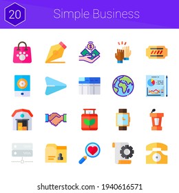 conjunto simple de iconos de negocio. 20 íconos planos sobre temas simples de negocios. colección de apretón de manos, servidor, persiana, conferencia, ticket, high cinco, teléfono, almacén, bolsa de compras, planificación