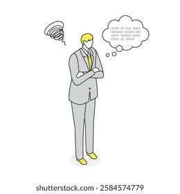 A simple business illustration of a man thinking. Perfect for concepts such as problem-solving, decision-making, uncertainty, anxiety, and strategy. Yellow and gray color scheme, line art style.