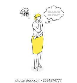 A simple business illustration of a woman thinking. Perfect for concepts such as problem-solving, decision-making, uncertainty, anxiety, and strategy. Yellow and gray color scheme, line art style.