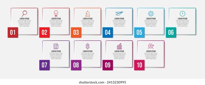 Simple business infographic with 10 parts or steps, containing icons, text, numbers. Can be used for presentation banners, workflow layouts, process diagrams, flow charts, infographics, your business 