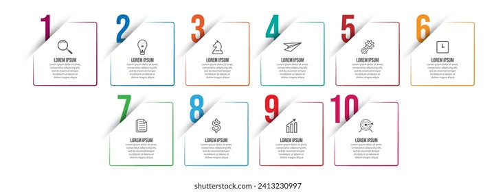 Simple business infographic with 10 parts or steps, containing icons, text, numbers. Can be used for presentation banners, workflow layouts, process diagrams, flow charts, infographics, your business 