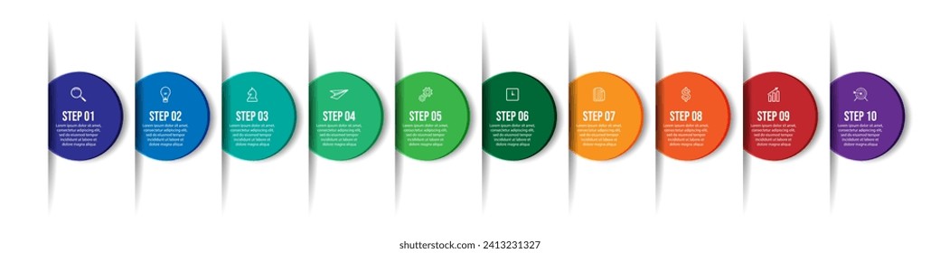 Simple business infographic with 10 parts or steps, containing icons, text, numbers. Can be used for presentation banners, workflow layouts, process diagrams, flow charts, infographics, your business 
