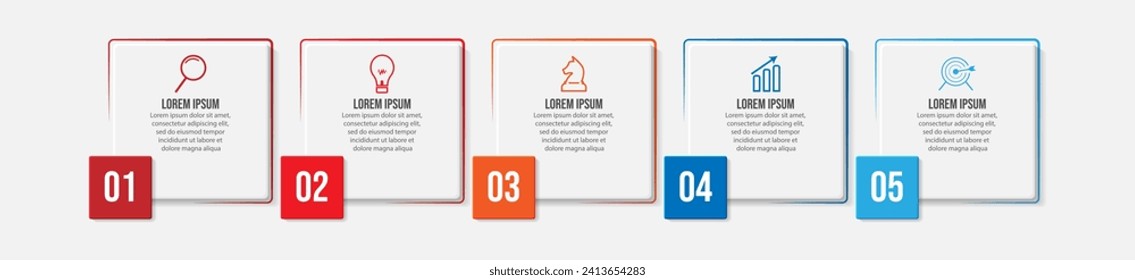 Simple business infographic with 5 parts or steps, containing icons, text, numbers. Can be used for presentation banners, workflow layouts, flow charts, infographics, your business presentations