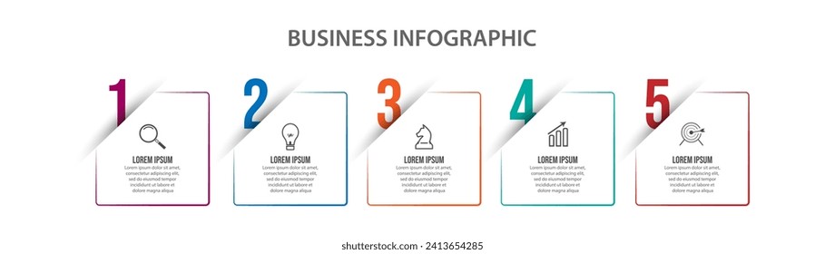 Simple business infographic with 5 parts or steps, containing icons, text, numbers. Can be used for presentation banners, workflow layouts, flow charts, infographics, your business presentations