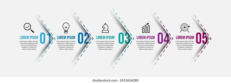 Simple business infographic with 5 parts or steps, containing icons, text, numbers. Can be used for presentation banners, workflow layouts, flow charts, infographics, your business presentations