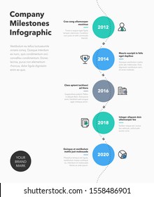 Simple business infographic for company milestones timeline with colorful circles and line icons. Easy to use for your website or presentation.