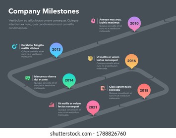 Simple business infographic for company milestones timeline template - dark version. Easy to use for your website or presentation.
