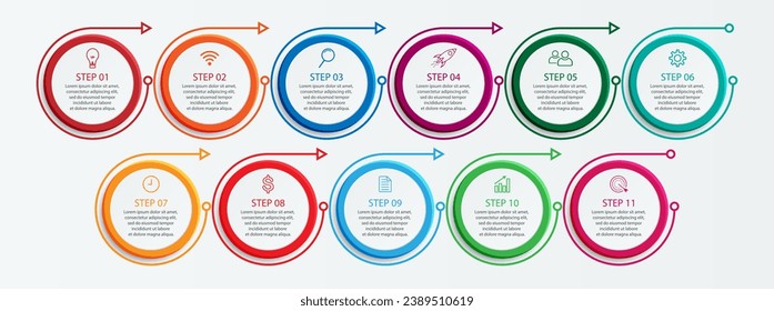 Einfaches Business Infografik-Design, Vektorgrafik
Vorlage mit bunten Linien, Symbolen, Zahlen und
11 Optionen oder Schritte. Kann für Prozessdiagramme verwendet werden,
Präsentationen, Workflow-Layouts, Banner, Flussdiagramme