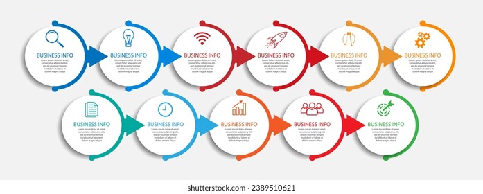 Simple Business Infographic design, vector
template with colorful lines, icons, numbers and
11 choices or steps. Can be used for process diagrams,
presentations, workflow layouts, banners, flowcharts