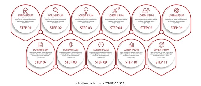 Einfaches Business Infografik-Design, Vektorgrafik
Vorlage mit roten Farblinien, Symbolen, Zahlen und
11 Optionen oder Schritte. Kann für Prozessdiagramme verwendet werden,
Präsentationen, Workflow-Layouts, Banner, Flussdiagramme
