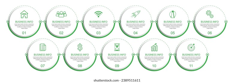 Simple Business Infographic design, vector
template with green color lines, icons, numbers and
11 choices or steps. Can be used for process diagrams,
presentations, workflow layouts, flowcharts