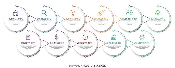 Simple Business Infographic design, vector
template with colorful lines, icons, numbers and
11 choices or steps. Can be used for process diagrams,
presentations, workflow layouts, banners, flowcharts