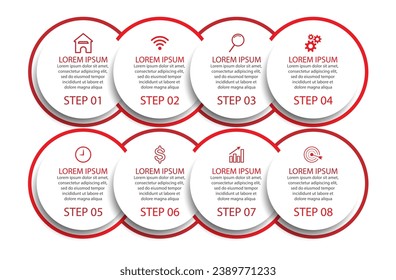 Simple Business Infographic design, vector
template with colorful lines, icons, numbers and
8 choices or steps. Can be used for process diagrams,
presentations, workflow layouts, banners, flowcharts