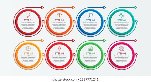 Simple Business Infographic design, vector
template with colorful lines, icons, numbers and
8 choices or steps. Can be used for process diagrams,
presentations, workflow layouts, banners, flowcharts