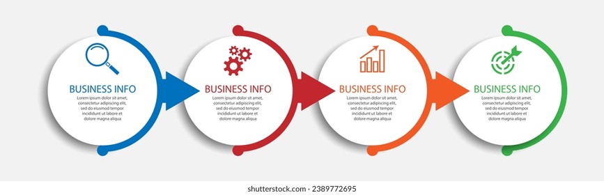 Simple Business Infographic design, vector
template with colorful lines, icons, numbers and
4 choices or steps. Can be used for process diagrams,
presentations, workflow layouts, banners, flowcharts