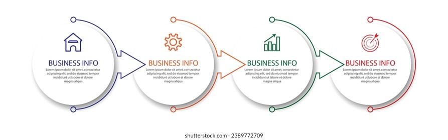 Simple Business Infographic design, vector
template with colorful lines, icons, numbers and
4 choices or steps. Can be used for process diagrams,
presentations, workflow layouts, banners, flowcharts