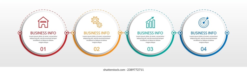 Simple Business Infographic design, vector
template with colorful lines, icons, numbers and
4 choices or steps. Can be used for process diagrams,
presentations, workflow layouts, banners, flowcharts