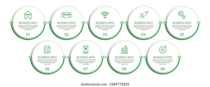 Diseño Infográfico de Negocios Simple, vector
plantilla con líneas, iconos, números y
9 opciones o pasos. Puede utilizarse para diagramas de procesos,
presentaciones, diseños de flujo de trabajo, banners, diagramas de flujo