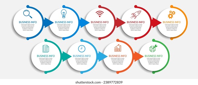 Simple Business Infographic design, vector
template with colorful lines, icons, numbers and
9 choices or steps. Can be used for process diagrams,
presentations, workflow layouts, banners, flowcharts