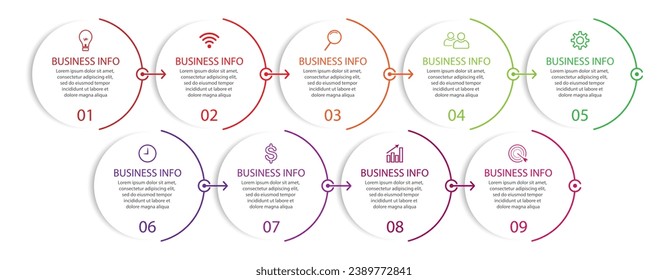 Simple Business Infographic design, vector
template with colorful lines, icons, numbers and
9 choices or steps. Can be used for process diagrams,
presentations, workflow layouts, banners, flowcharts