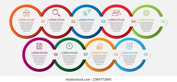 Simple Business Infographic design, vector
template with colorful lines, icons, numbers and
9 choices or steps. Can be used for process diagrams,
presentations, workflow layouts, banners, flowcharts