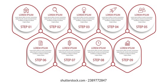 Simple Business Infographic design, vector
template with colorful lines, icons, numbers and
9 choices or steps. Can be used for process diagrams,
presentations, workflow layouts, banners, flowcharts