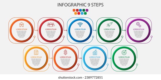 Simple Business Infographic design, vector
template with colorful lines, icons, numbers and
9 choices or steps. Can be used for process diagrams,
presentations, workflow layouts, banners, flowcharts