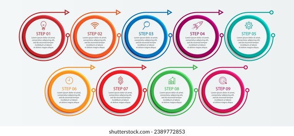 Simple Business Infographic design, vector
template with colorful lines, icons, numbers and
9 choices or steps. Can be used for process diagrams,
presentations, workflow layouts, banners, flowcharts